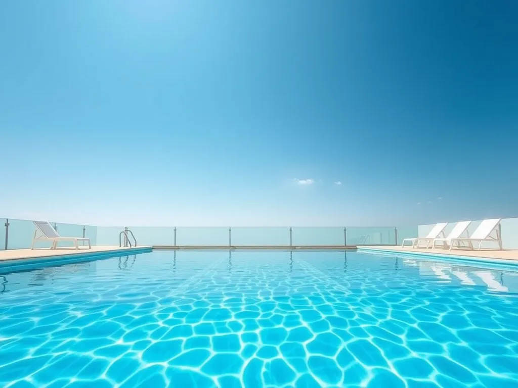 A beautiful 25 meter pool with clear blue water and a sunny sky