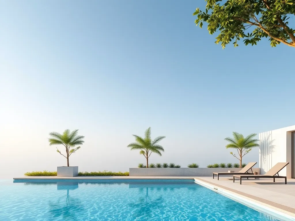 A modern 25 meter pool surrounded by palm trees and lounge chairs, ideal for swimming and relaxation.