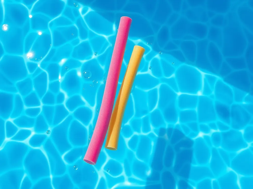 Colorful pool noodles floating in an above ground pool, highlighting the importance of chlorine maintenance.