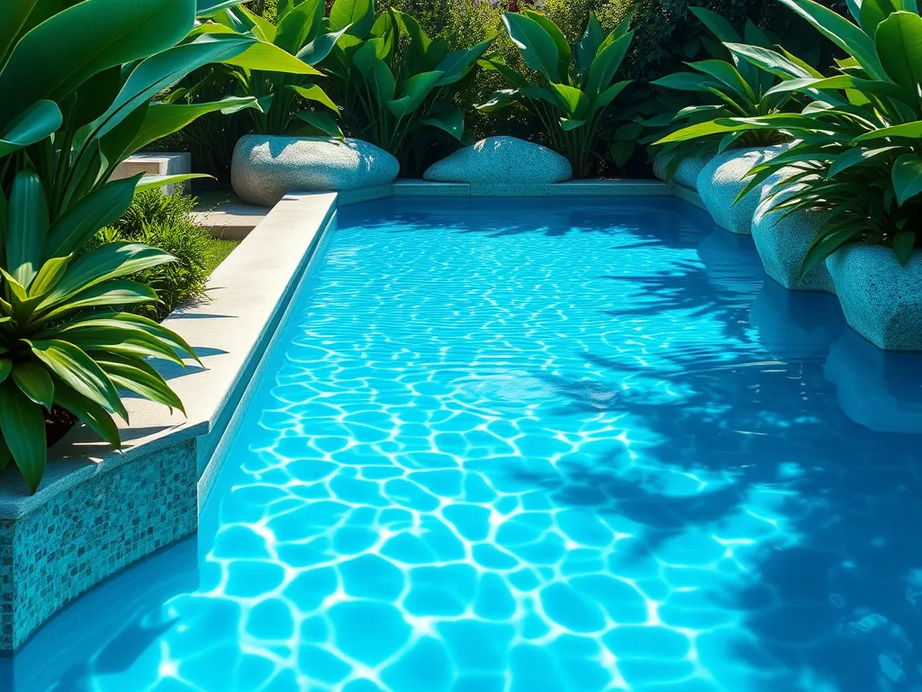 Clear water in an above ground pool surrounded by lush greenery, highlighting the need for chlorine.