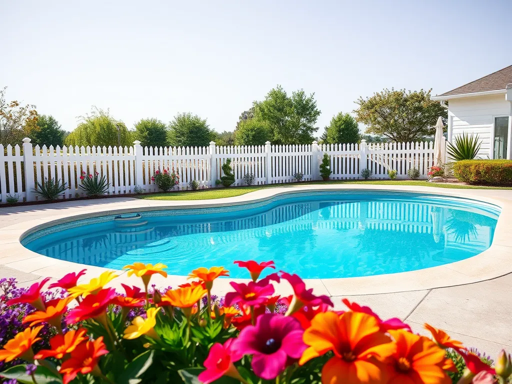 Above ground pool with a fence and flowers, illustrating pool safety regulations.