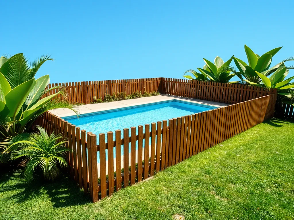 Above ground pool surrounded by a wooden fence for safety compliance