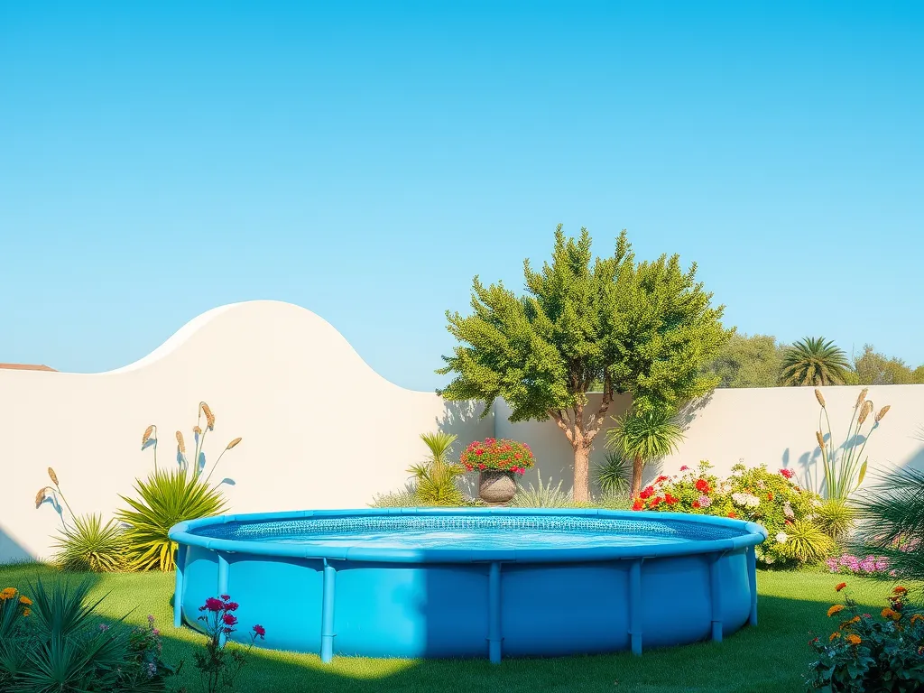 Beautiful above ground pool surrounded by lush garden, questioning if above ground pools are trashy.