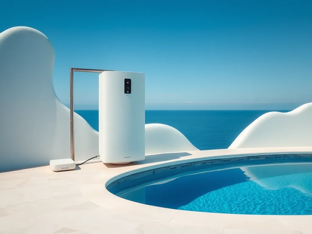 A modern above ground pool heater by the pool, illustrating options for heating above ground pools.