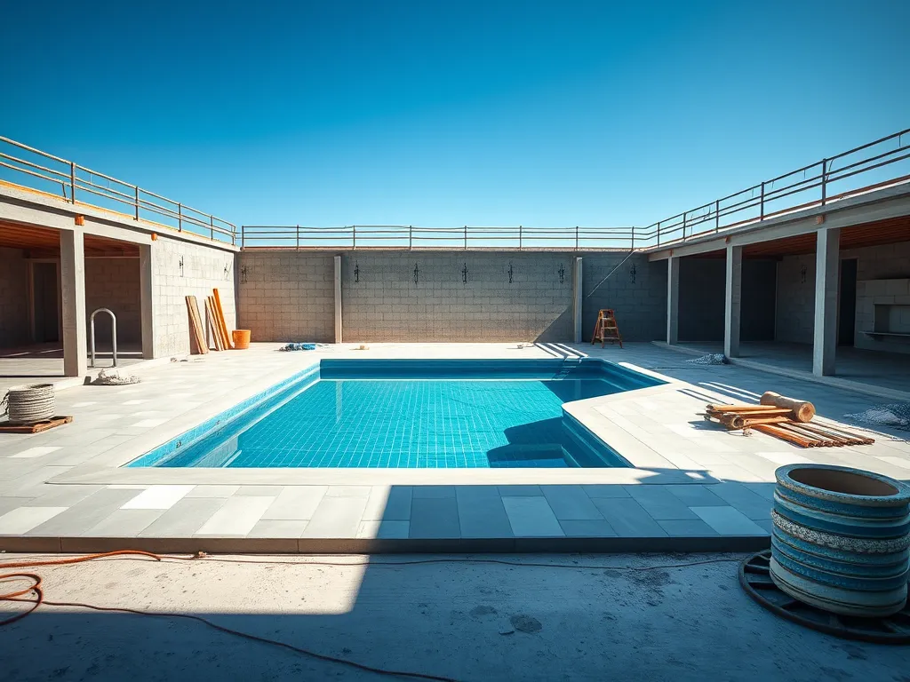 A newly installed above ground pool showing the surrounding construction area, relevant for options of installing pools in various settings.