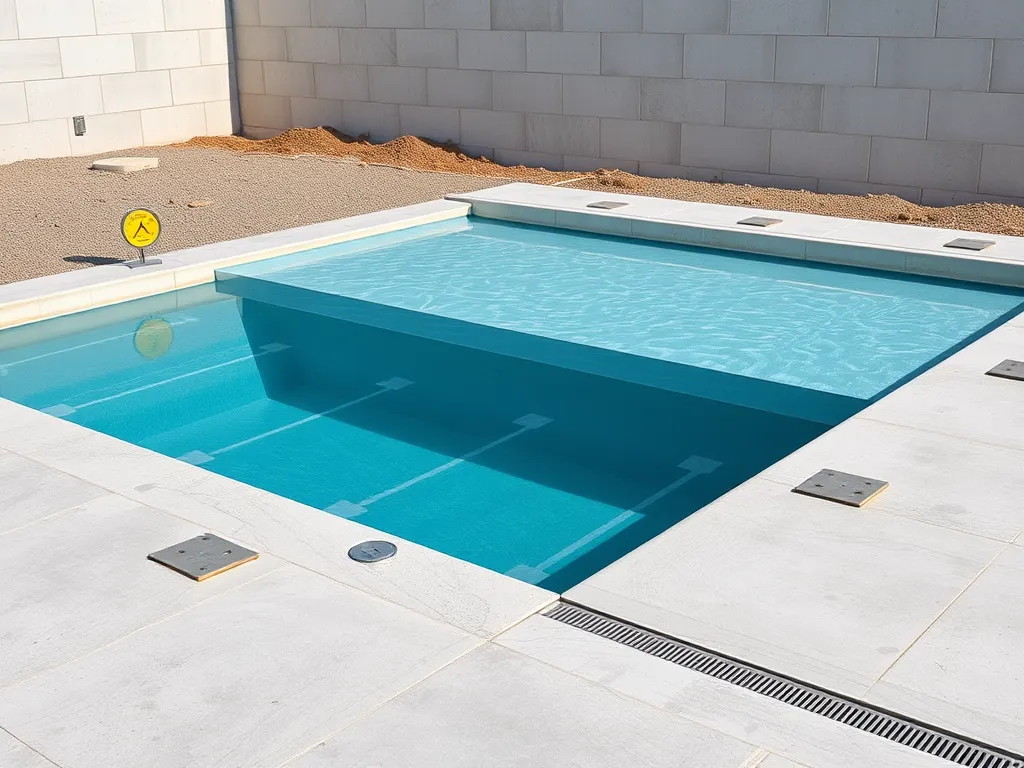 Installation of an above ground pool in inground setup showing a fiberglass pool surrounded by concrete.