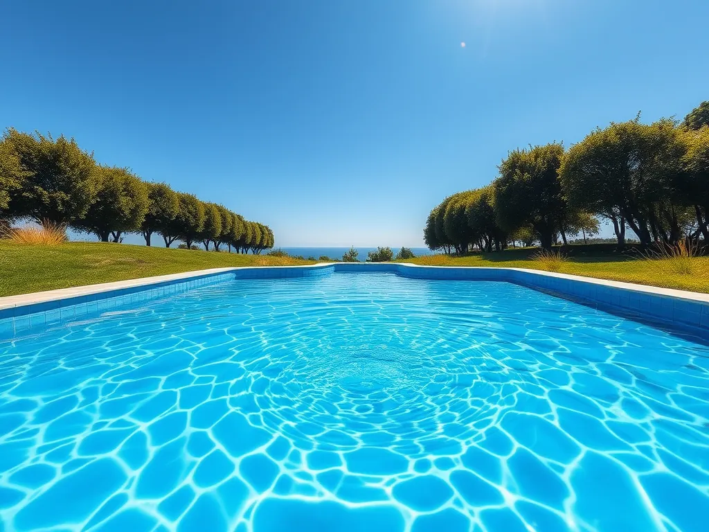 Vibrant blue water in an above ground pool surrounded by lush greenery, showcasing the perfect above ground pool liner.