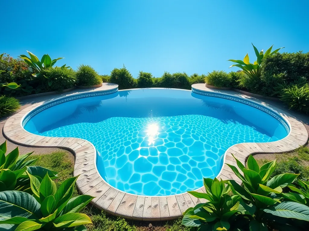 Beautiful above ground pool with sparkling blue water and lush greenery surrounding.