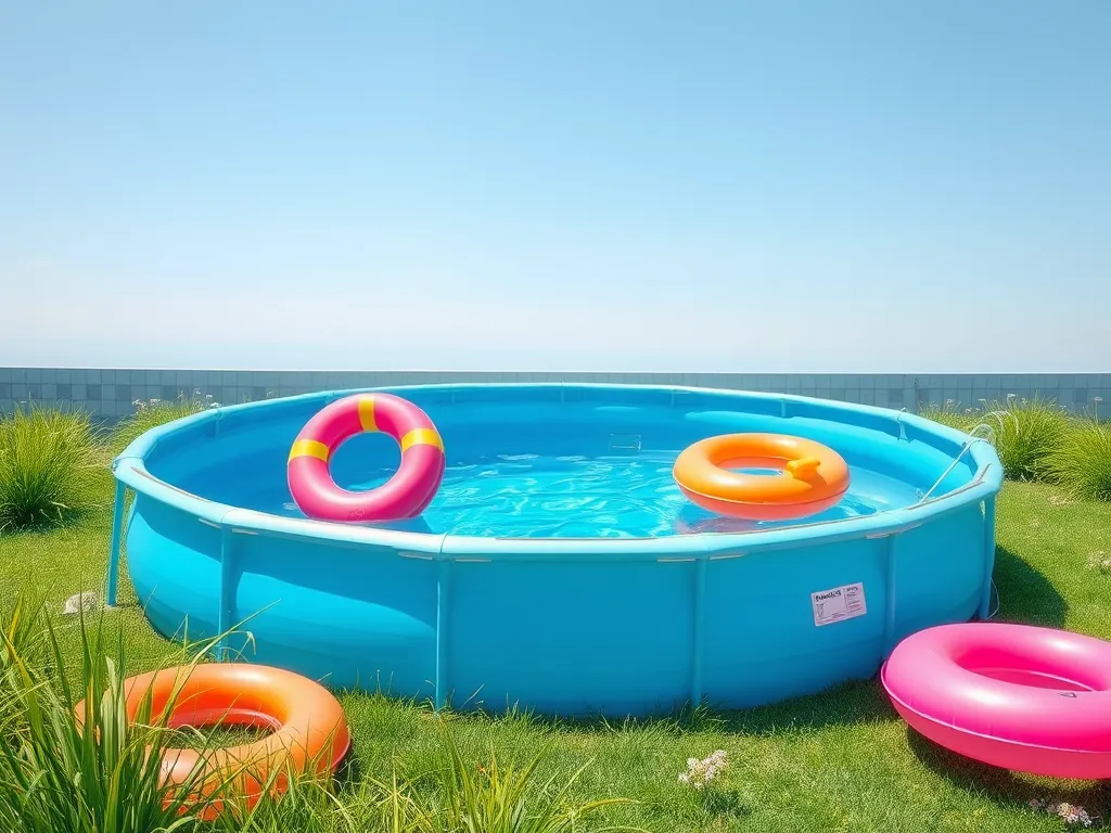 Bright blue above ground pool with colorful inner tubes, ideal for summer fun.