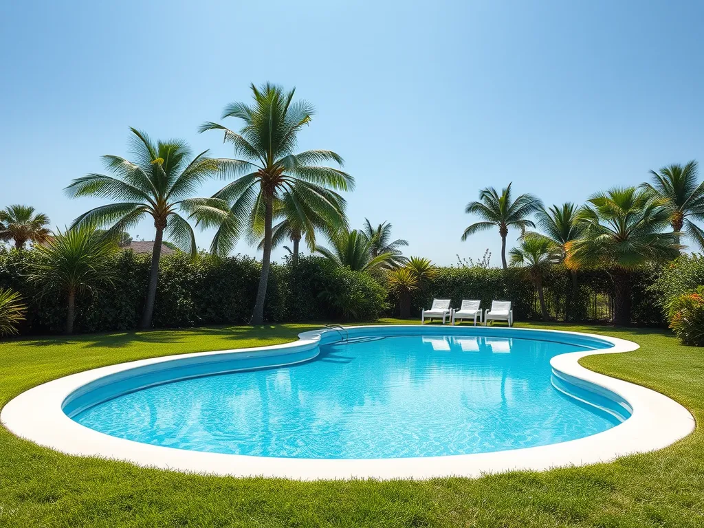 Beautiful above ground pool surrounded by palm trees, highlighting the importance of permits for pool installation.