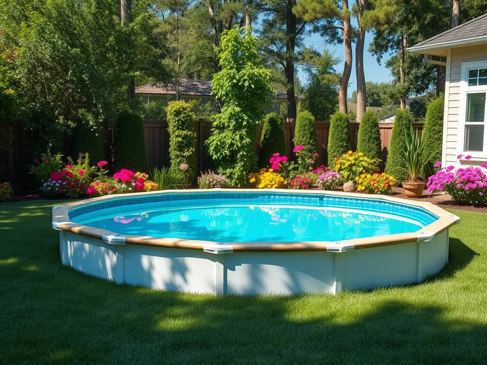 A beautiful above ground pool surrounded by a well-maintained garden, highlighting the need for permits for pool installation.