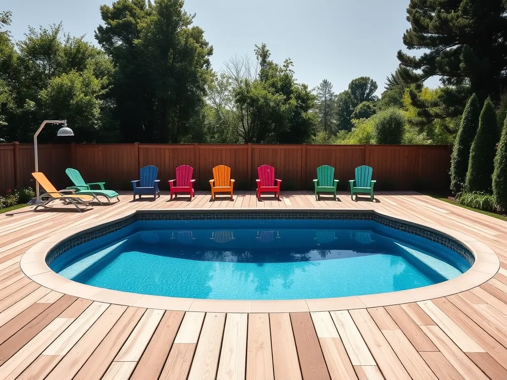 Colorful chairs around an above ground pool, illustrating home improvement considerations.
