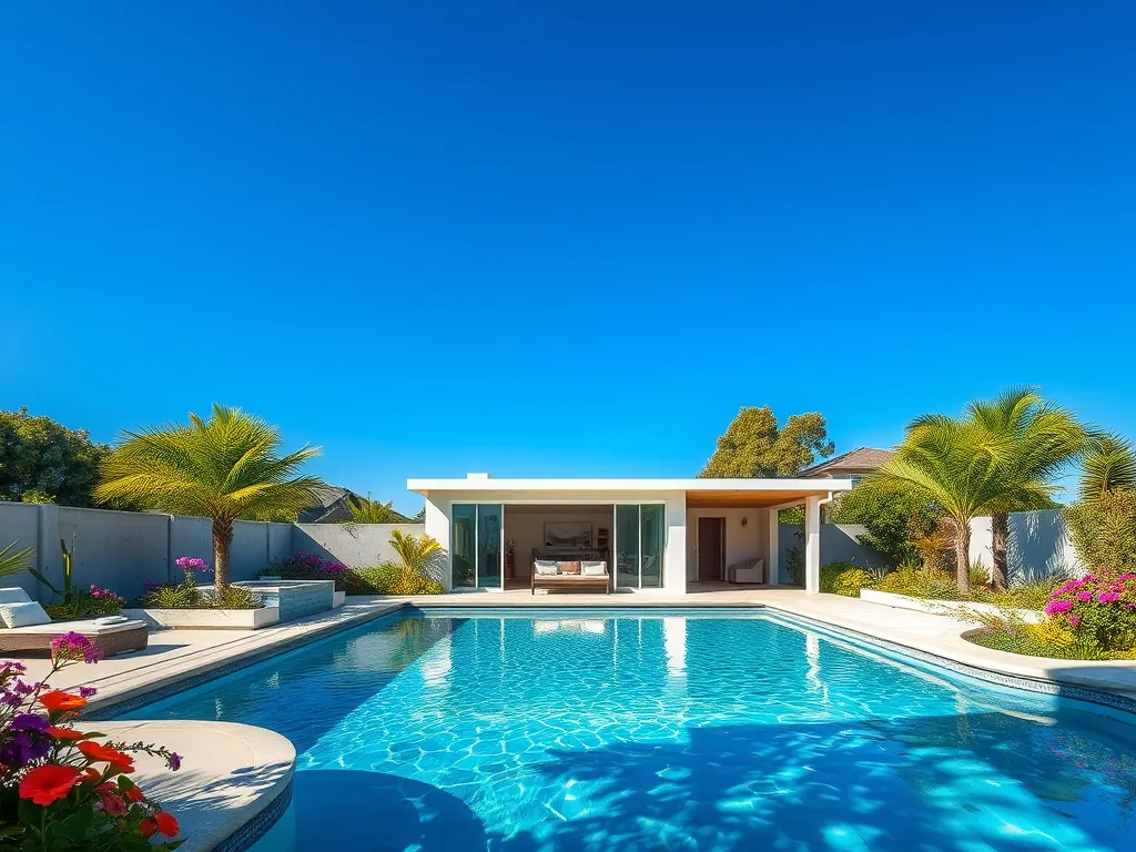 A stunning acid wash pool surrounded by vibrant flowers and palm trees