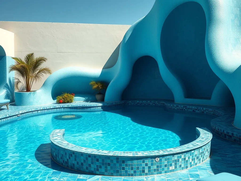 Bright blue acid wash pool with unique design and crystal clear water