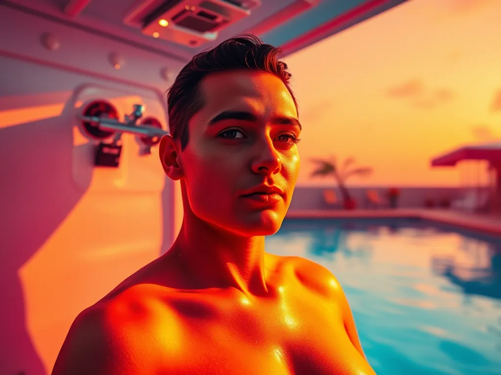 Person with airbrush tan near a swimming pool at sunset