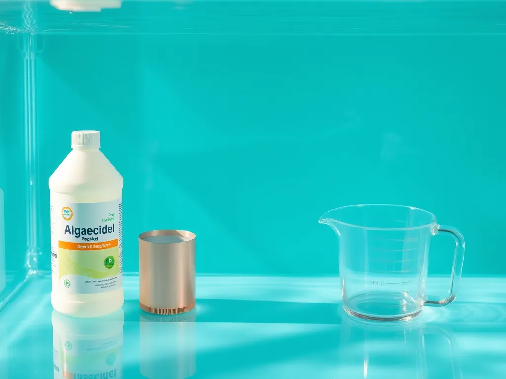 Container of algaecide and measuring cup for dosage calculation