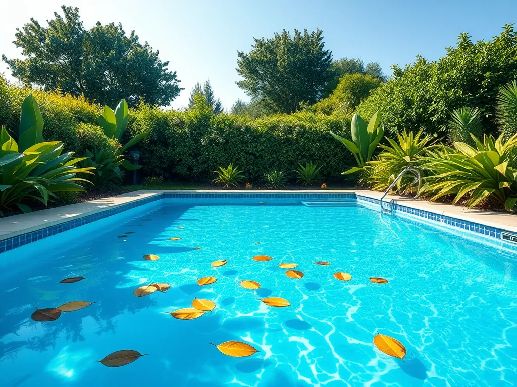 Crystal clear saltwater pool with leaves on the surface, relevant for using algaecide
