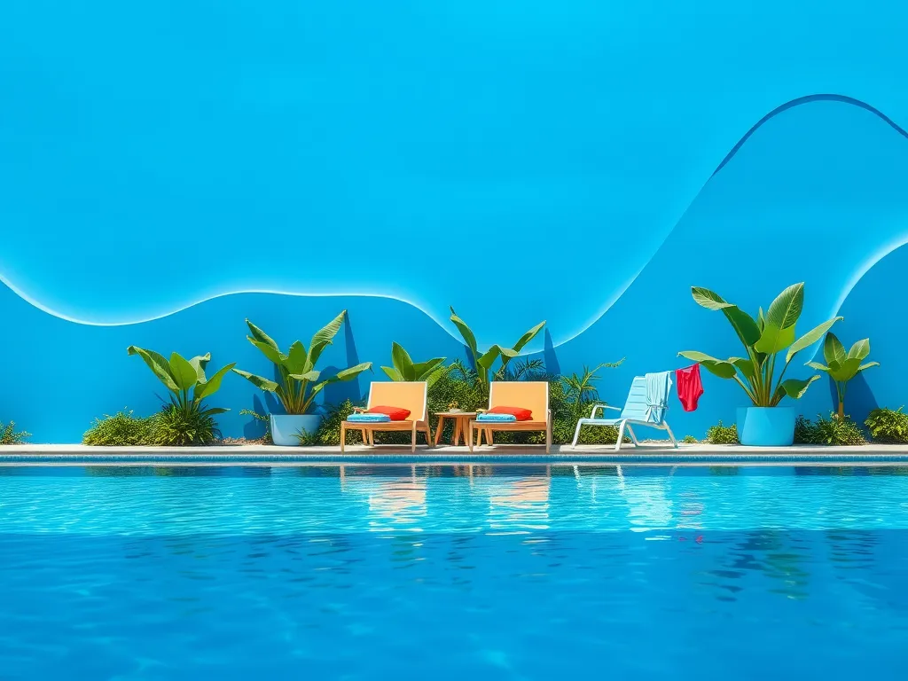A pristine pool with vibrant blue water and greenery, illustrating the importance of alkalinity in pools for balance and water quality.