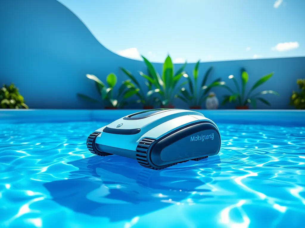 Robotic pool cleaner operating in a sparkling blue pool
