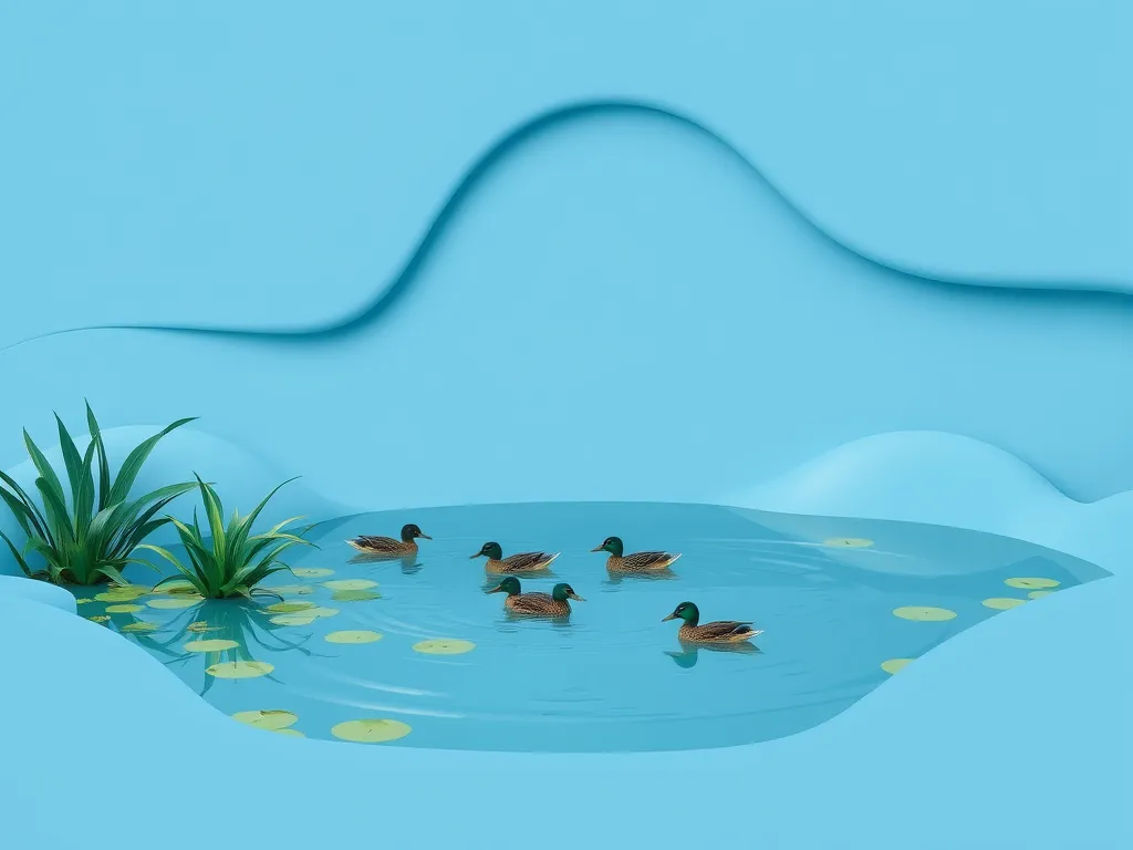 A serene backyard pool scene with ducks floating, showcasing backyard pool possibilities and landscaping.