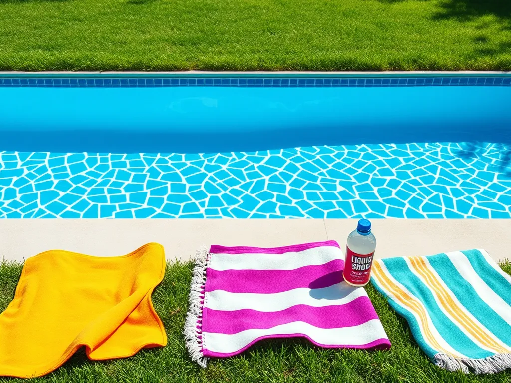 Colorful towels beside a clear pool with a bottle of liquid chemical, related to baking soda's effects on pool water, including phosphate removal and pH stabilization.