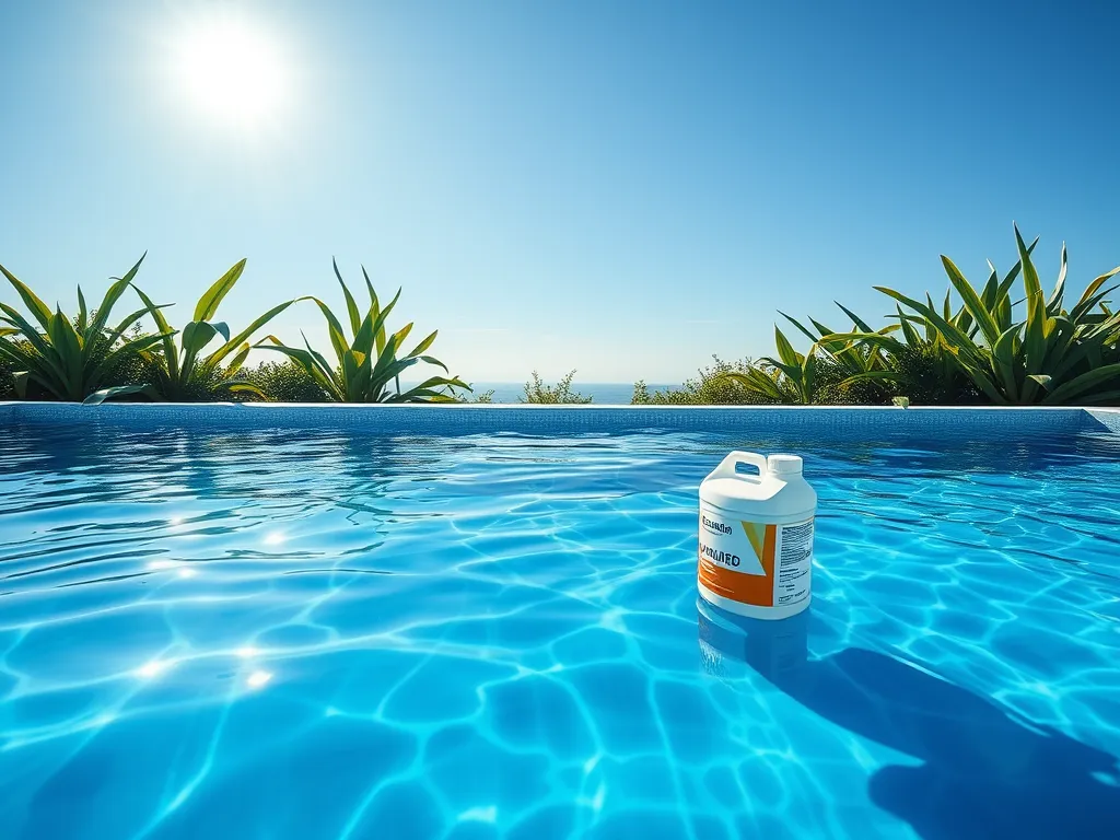 Container of baking soda in a clear swimming pool to illustrate its benefits for pool water management.