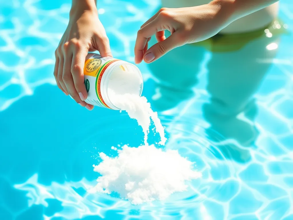 Person pouring baking soda into a swimming pool to stabilize pH and alkalinity levels.