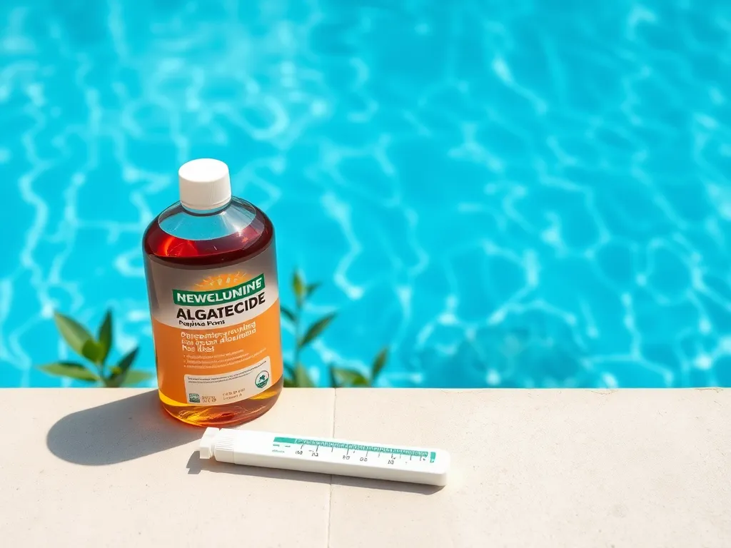 Bottle of algaecide and pool test kit for effective pool maintenance