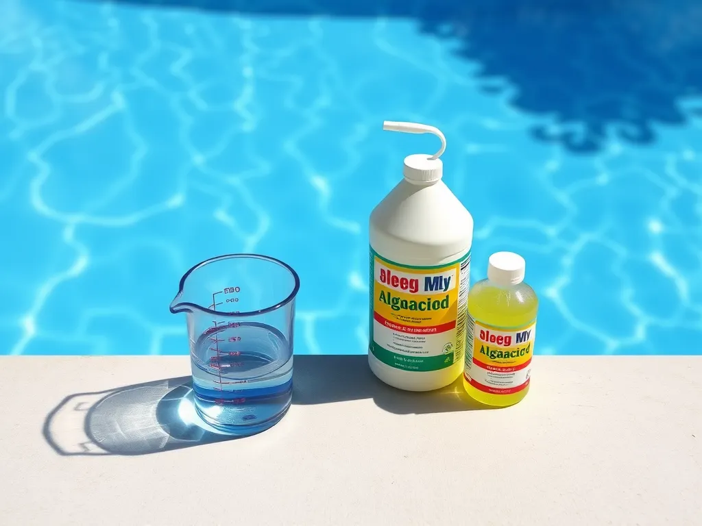 A selection of pool algaecide products next to a measuring cup for effective pool maintenance.