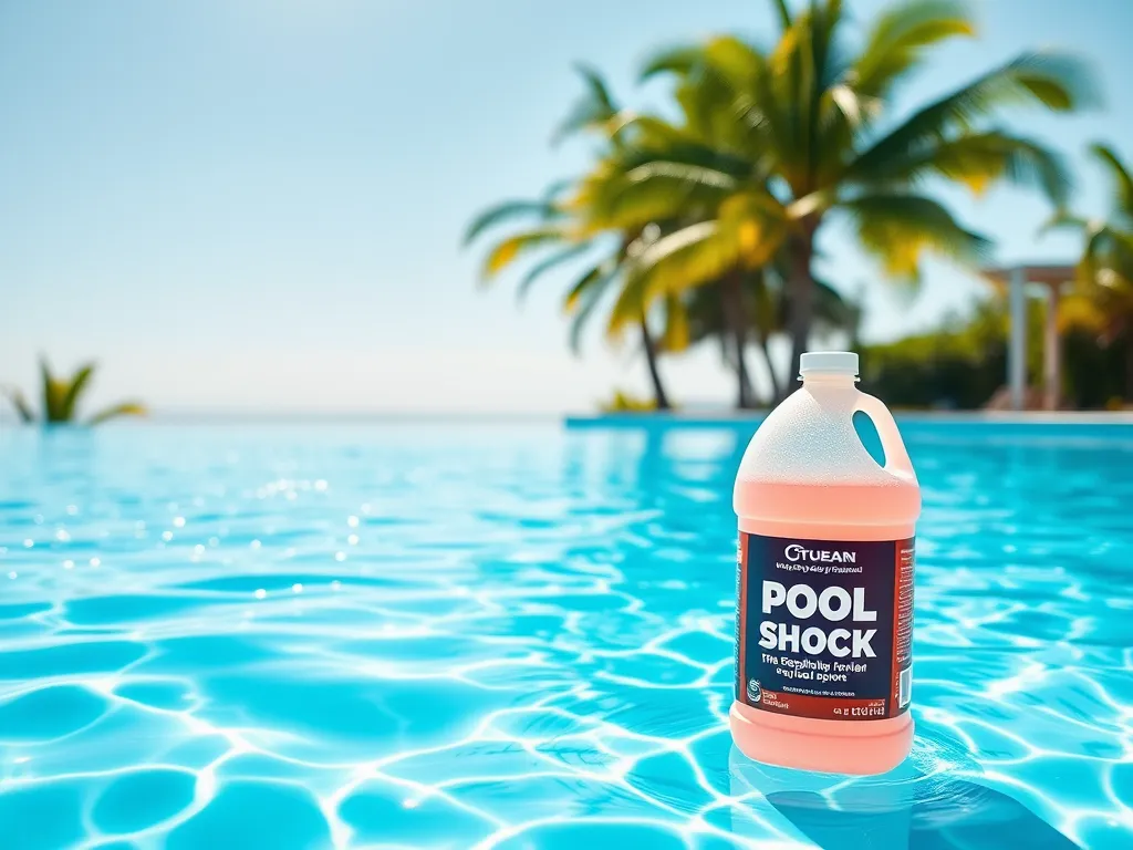 Bottle of pool shock in clear blue water for effective pool cleaning
