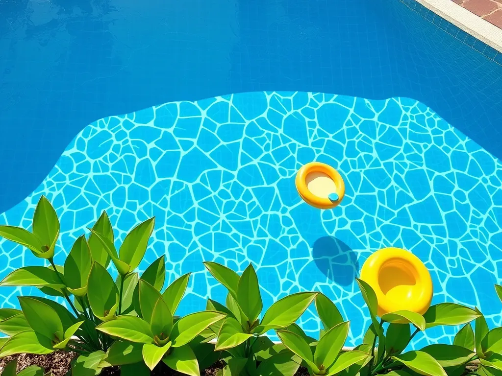 A pool showing signs of black algae growth amidst blue water and yellow floats.
