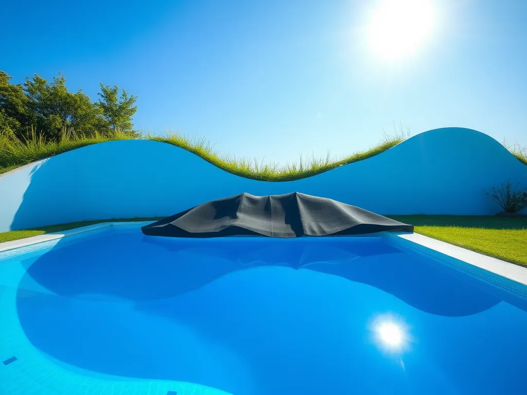 Black pool cover on a sunny day over clear water, illustrating heat retention in pools.