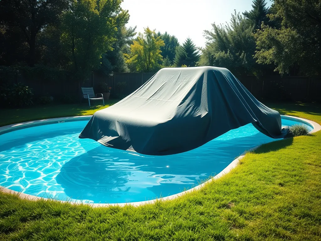Black pool cover over blue water in a backyard swimming pool, demonstrating how a pool cover can heat the water.