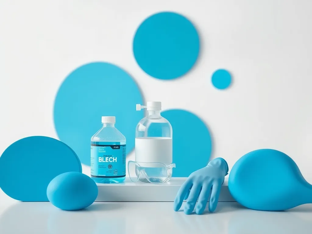 Bottles of bleach and pool maintenance tools for calculating bleach dosage in pools.