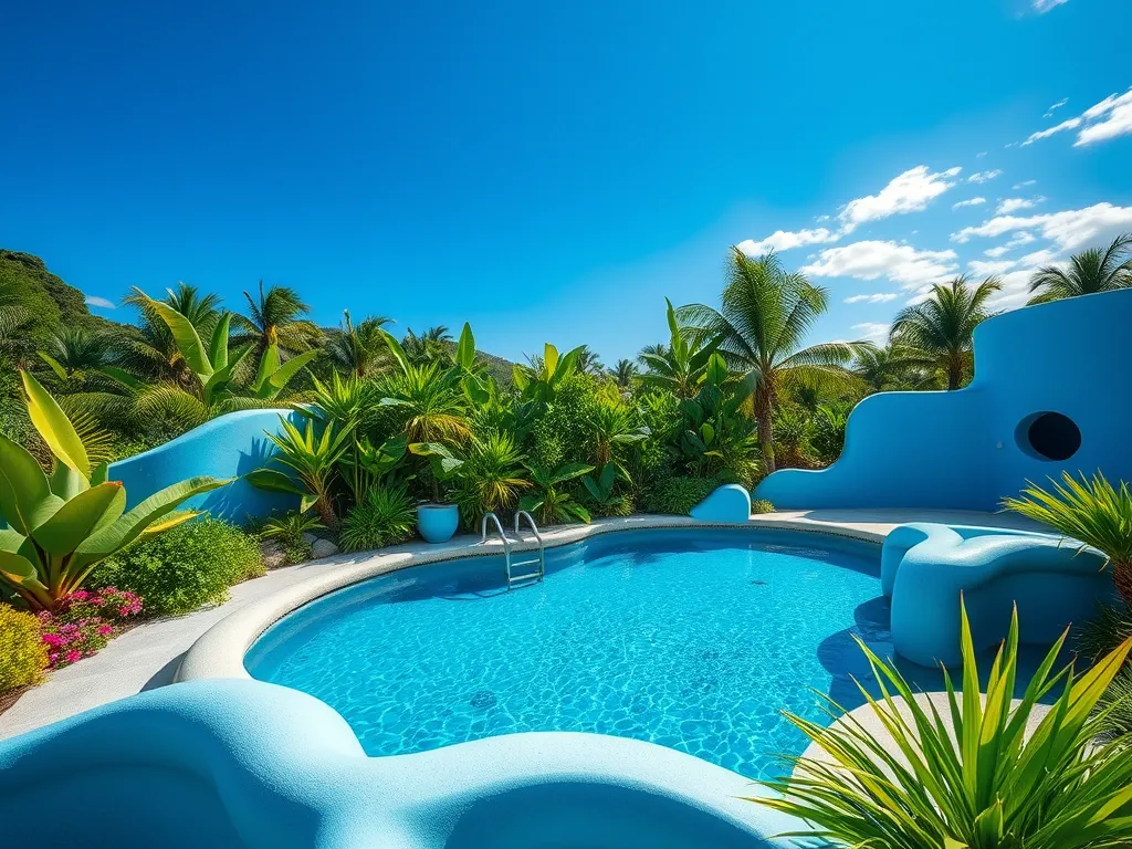 Beautiful pool surrounded by lush greenery, illustrating the bleach dosage process for pool maintenance.