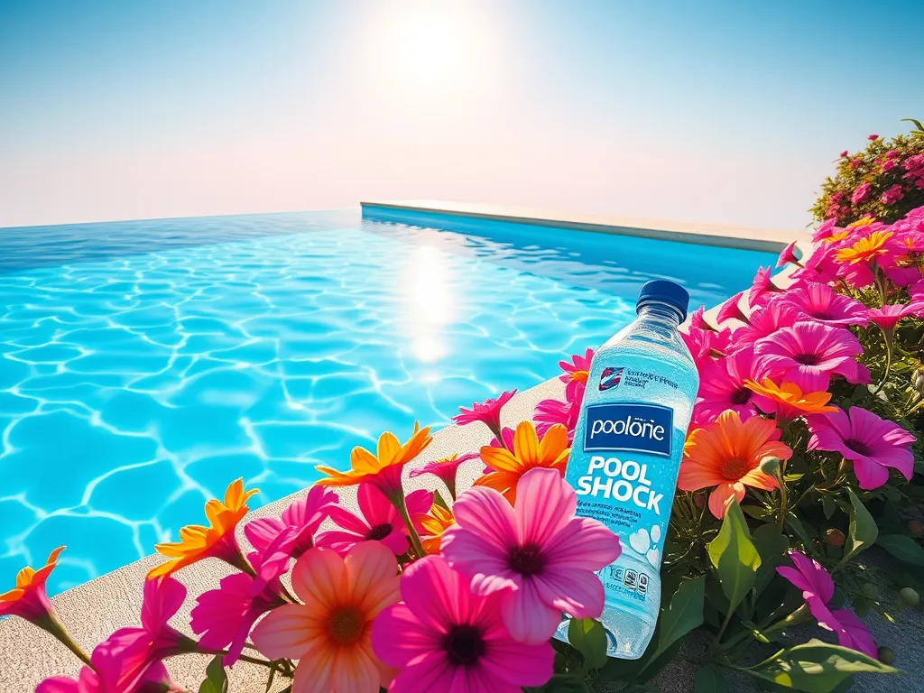 Bottle of bleach next to a swimming pool, discussing the use of bleach as an alternative to chlorine for pool maintenance.