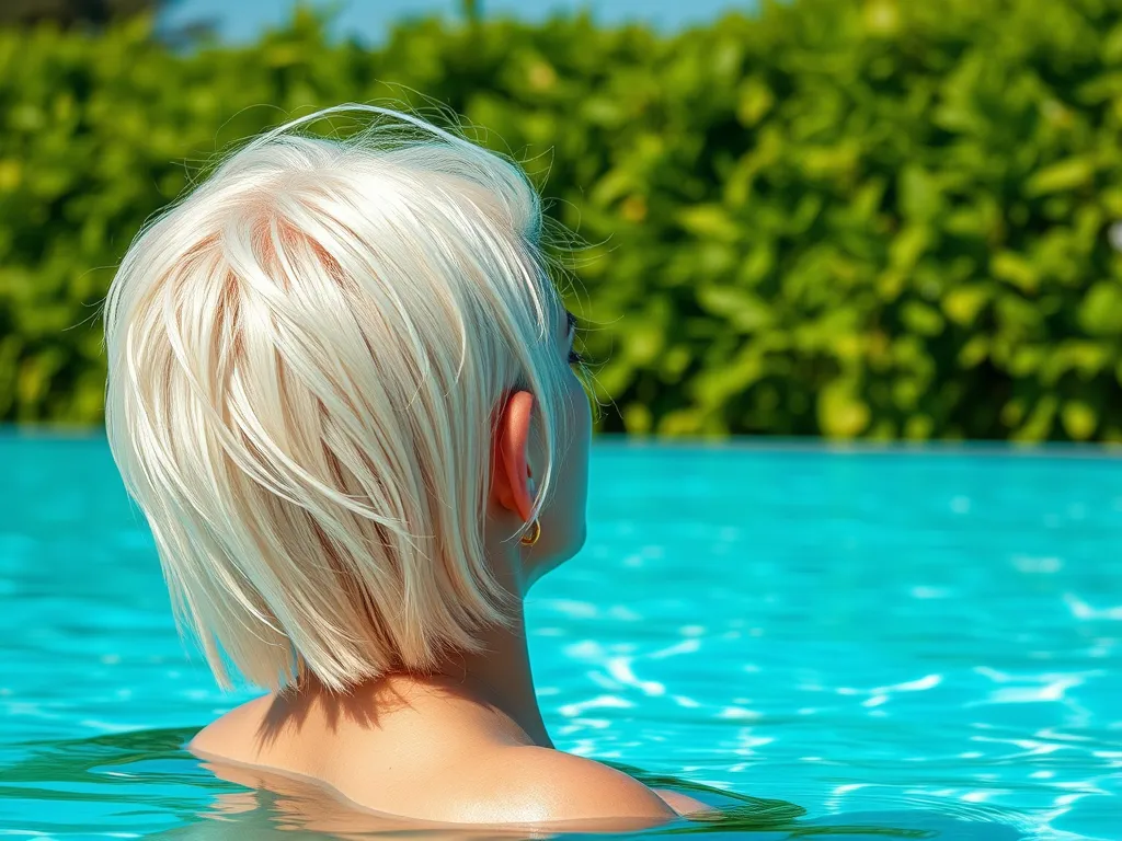 Person with bleached hair in a swimming pool, exploring if bleached hair can turn green in pool water