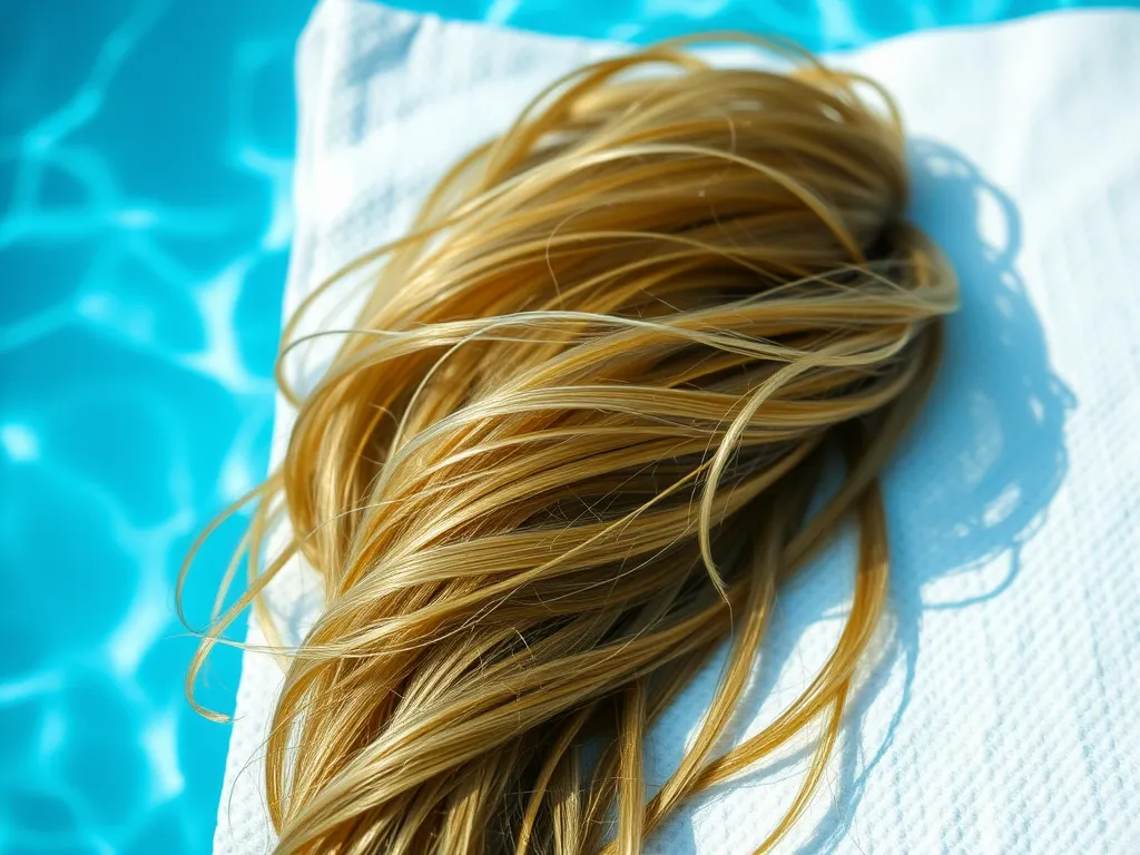 A close-up of long bleached hair resting on a towel by a swimming pool, discussing whether bleached hair can turn green in water.
