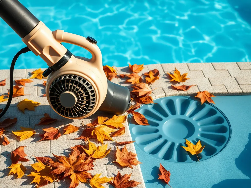 Air compressor blowing out inground swimming pool lines with fall leaves around.