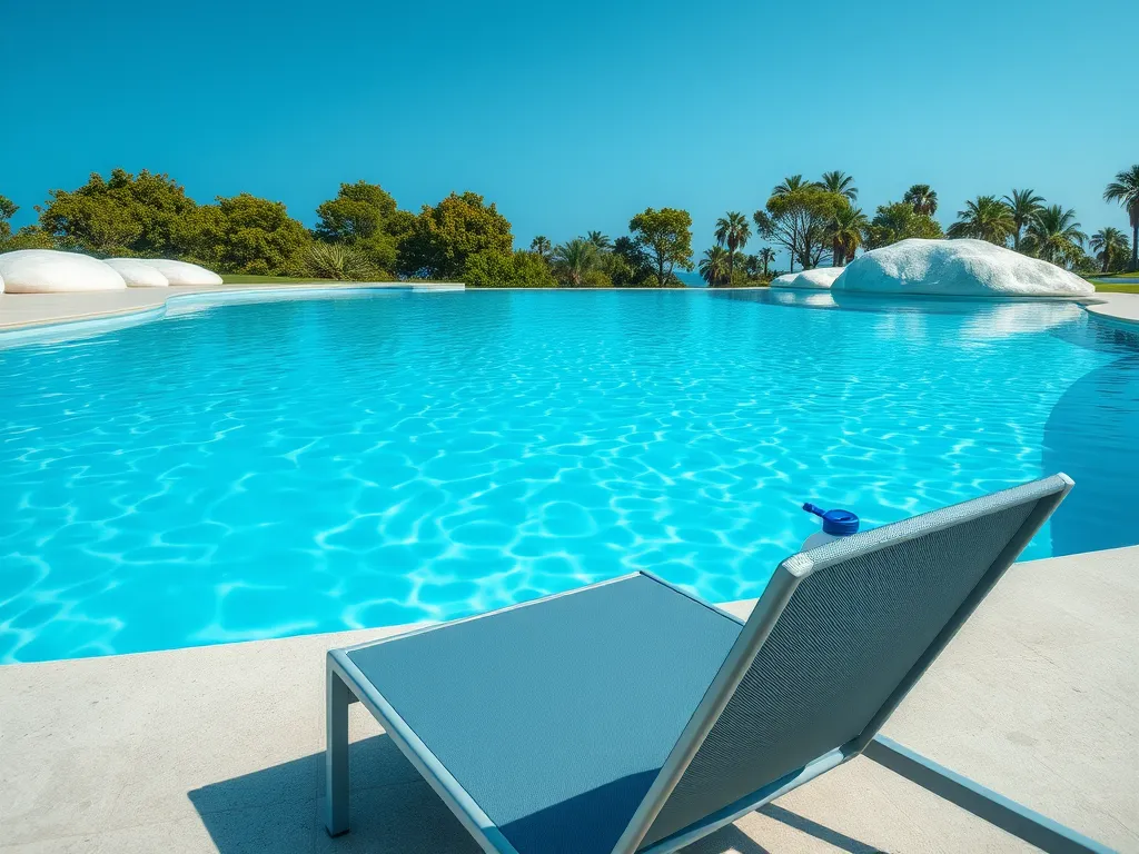 An inground swimming pool with clear blue water, illustrating the process of blowing out pool lines for winter preparation.