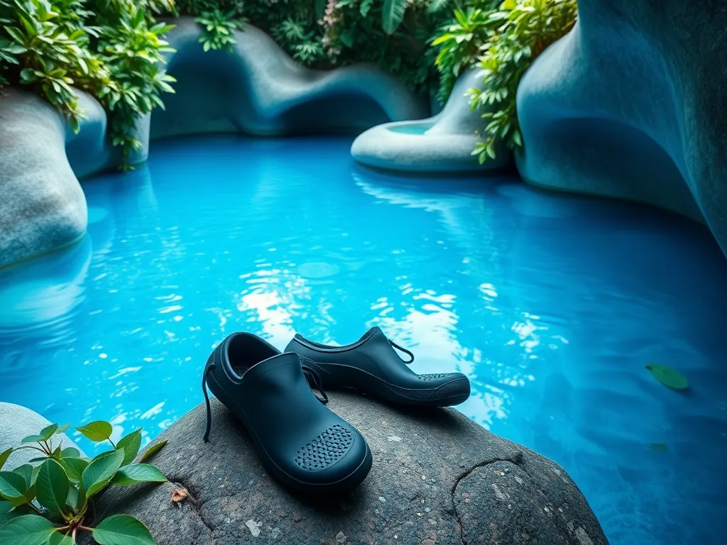 Pair of water shoes beside the vibrant blue pool in Oregon, ideal for swimming adventures.