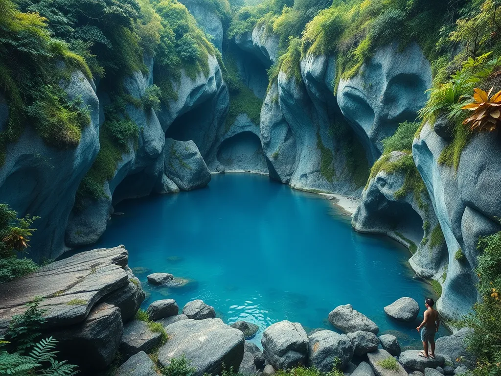 A serene view of the Blue Pool in Oregon, showcasing its vibrant blue water surrounded by lush greenery, ideal for swimming.