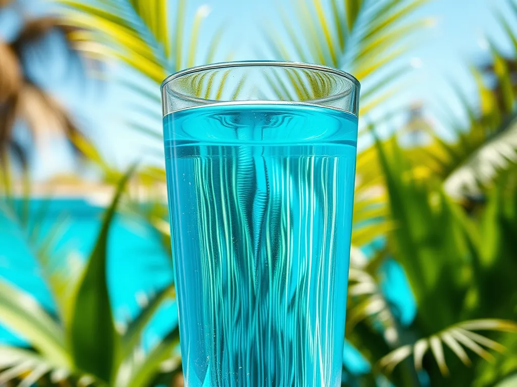 A glass of blue water against a tropical background, illustrating the topic of drinking swimming pool water.