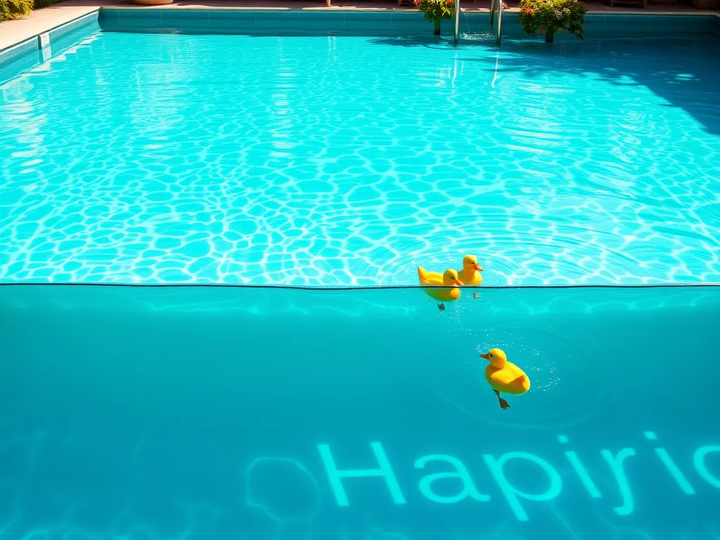 Clear swimming pool water with rubber ducks, related to boiling and drinking pool water.
