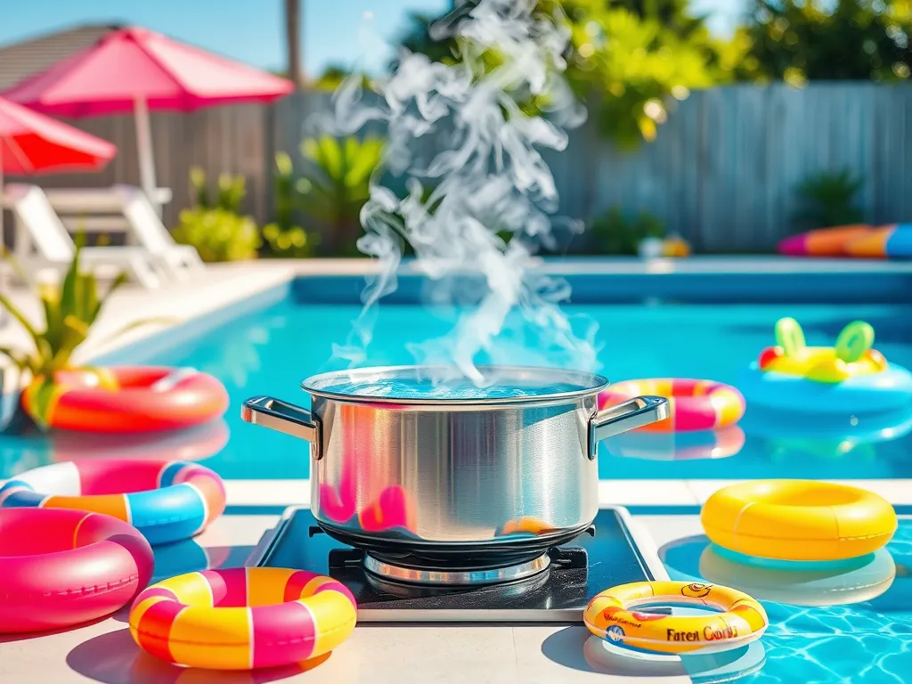 A pot of boiling water near a swimming pool surrounded by colorful floaties, discussing if pool water can be boiled and drunk.