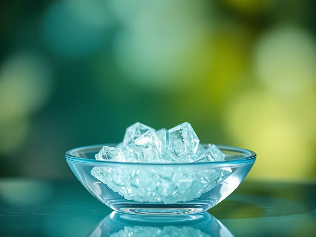 Close-up of borate crystals in a glass bowl, highlighting their clarity and structure.