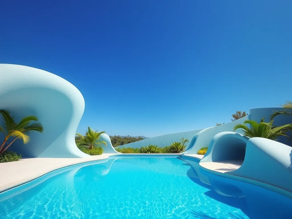 Clear swimming pool with blue water and palm trees, related to borax's impact on alkalinity and pH levels.