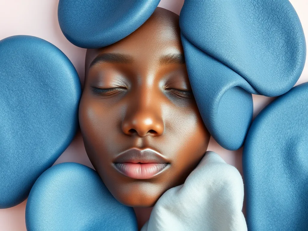 Woman's smooth skin surrounded by blue sponges, related to aftercare for Brazilian wax.