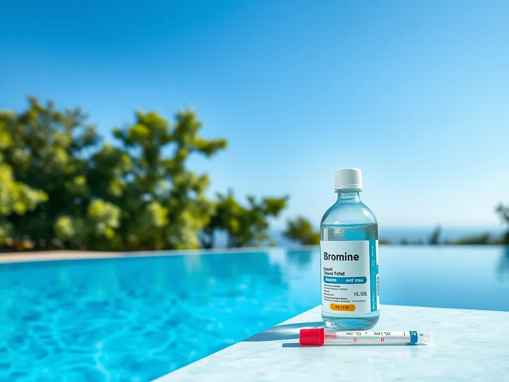 Bottle of bromine for pool treatment next to a water test kit and a beautiful pool