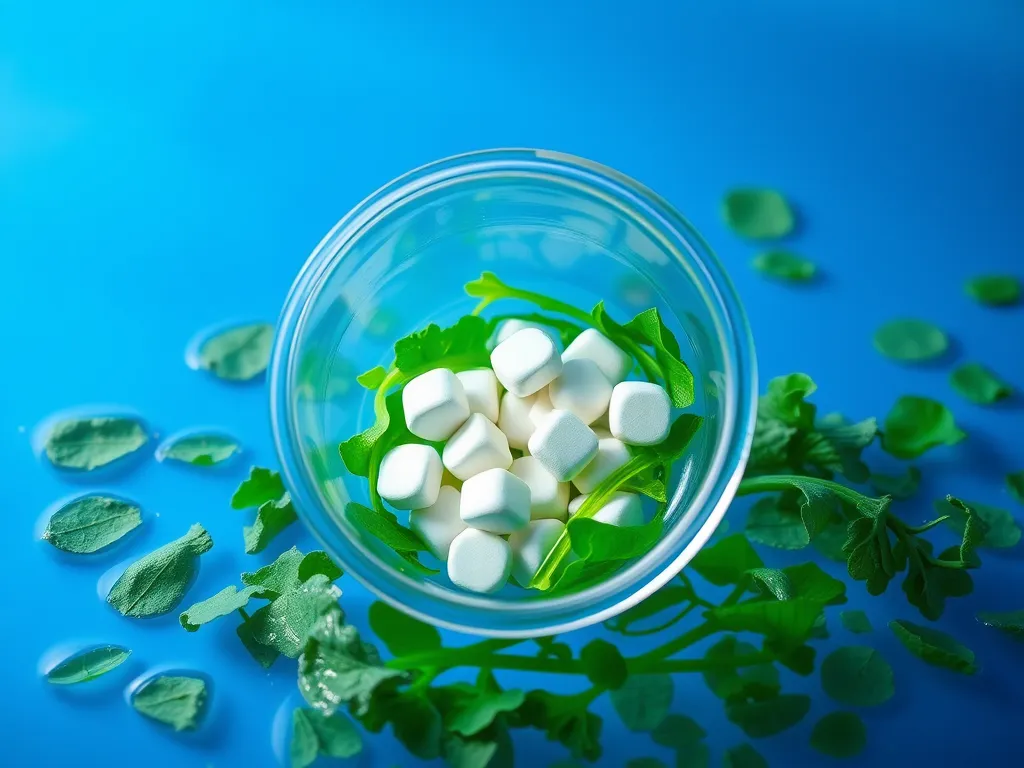 Bromine tablets for pool sanitation surrounded by greenery, illustrating the comparison between bromine tablets and liquid bromine.